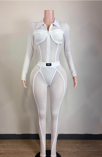 POPCORN MESH COLLARED JumpSuit