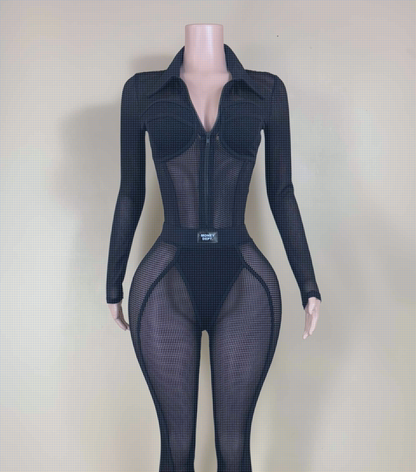 POPCORN MESH COLLARED JumpSuit