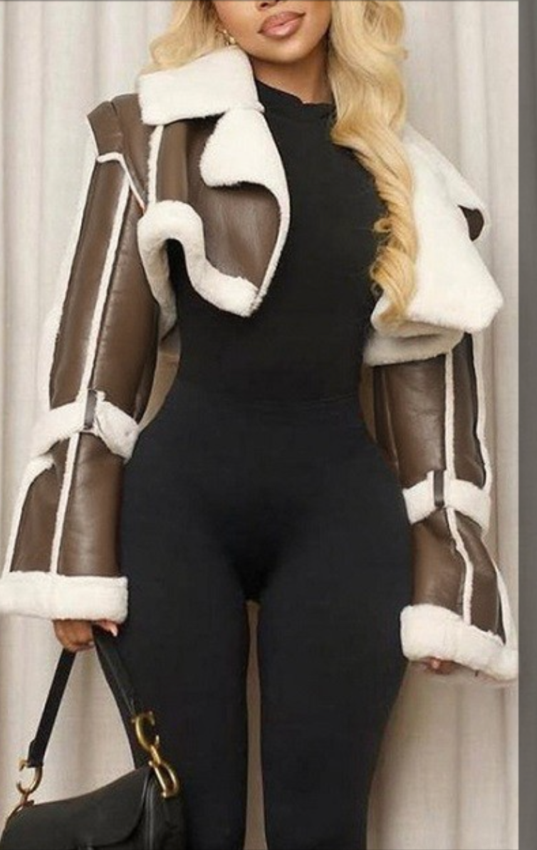 Fashionable short patchwork fur collar crop top