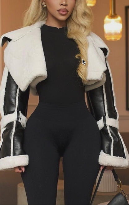 Fashionable short patchwork fur collar crop top