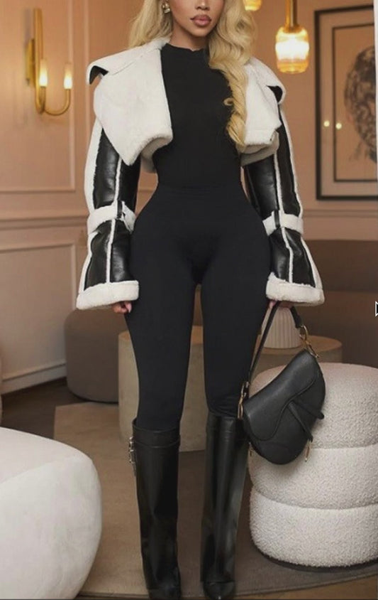Fashionable short patchwork fur collar crop top
